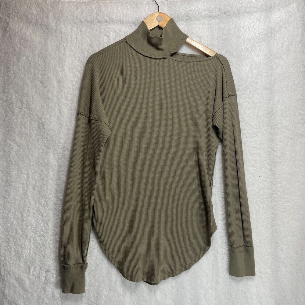 We The Free Waffle Knit Thermal‎ Turtleneck Top Small Olive Shoulder Cutout